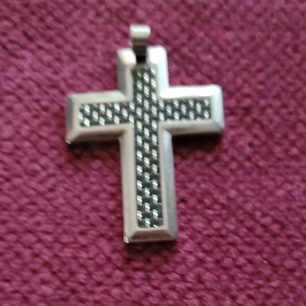 Mens Stainless Steel Medium.size Silver Cross With Black Accents Pendant